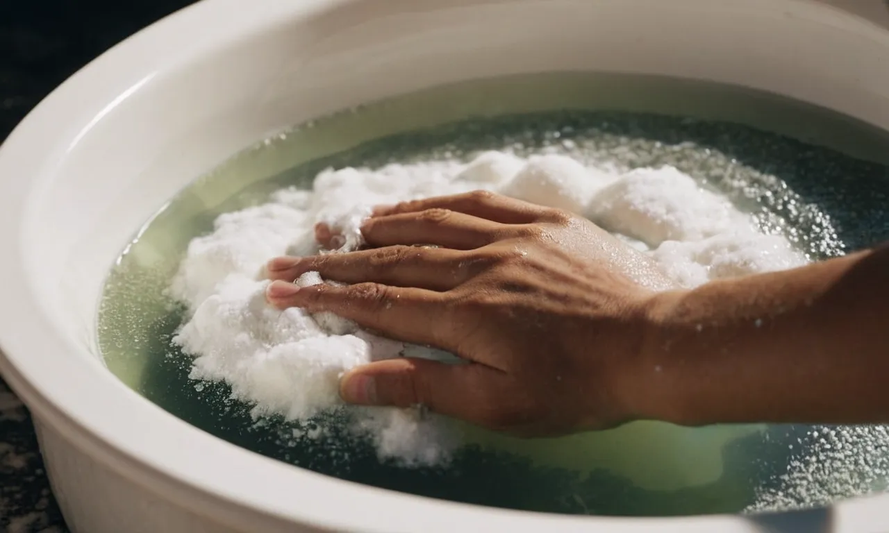 A close-up photograph capturing a pair of hands delicately scrubbing a Fear of God Essentials hoodie in a pristine white basin filled with soapy water.