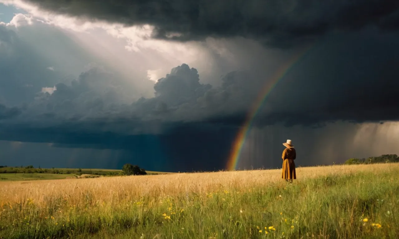 In the photo, a sunbeam breaks through dark storm clouds, casting a golden glow on a lone figure standing in a peaceful meadow, symbolizing divine healing and restoration.