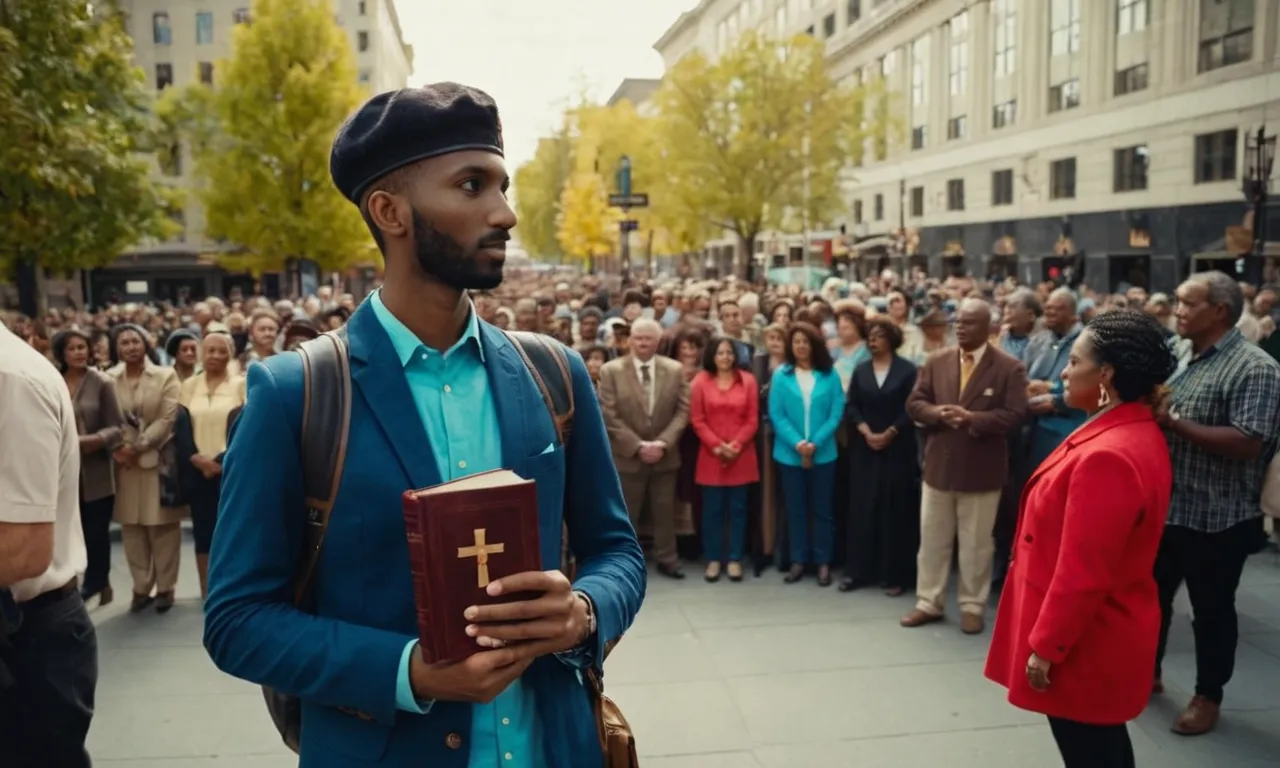 A photograph capturing a person standing tall amidst a crowd, holding a Bible close to their heart, reflecting the empowering message of "I am who you say I am."