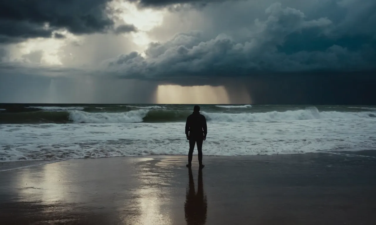 A silhouette of a person standing alone on a desolate beach, gazing up at the stormy sky, questioning their existence as waves crash against the shore.