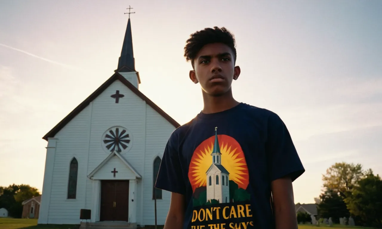 A rebellious teenager stands confidently in front of a church, wearing a provocative "I don't care what the Bible says" shirt, challenging the conventional beliefs while the sun sets dramatically behind the steeple.