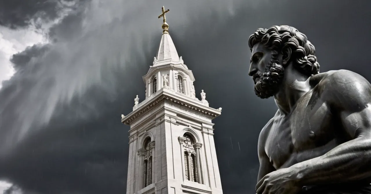 A black and white image of a person looking up at a towering statue of God, with a stormy sky as the backdrop, capturing the intensity and complexity of divine jealousy.