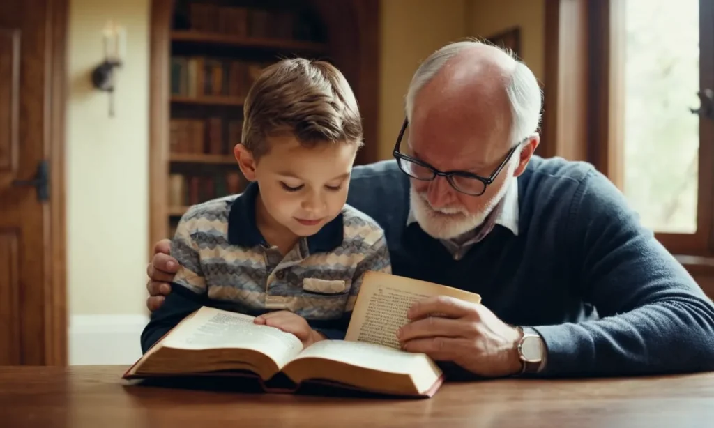A captivating photo captures the essence of familial love, depicting a tender moment between a devoted father reading the Bible to his young child, emphasizing the importance of both family and faith.
