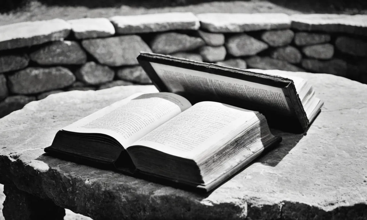 A black and white photo of an ancient, weathered book lying on a stone pedestal, illuminated by a beam of light, symbolizing the timeless nature and unchanging essence of a divine scripture.