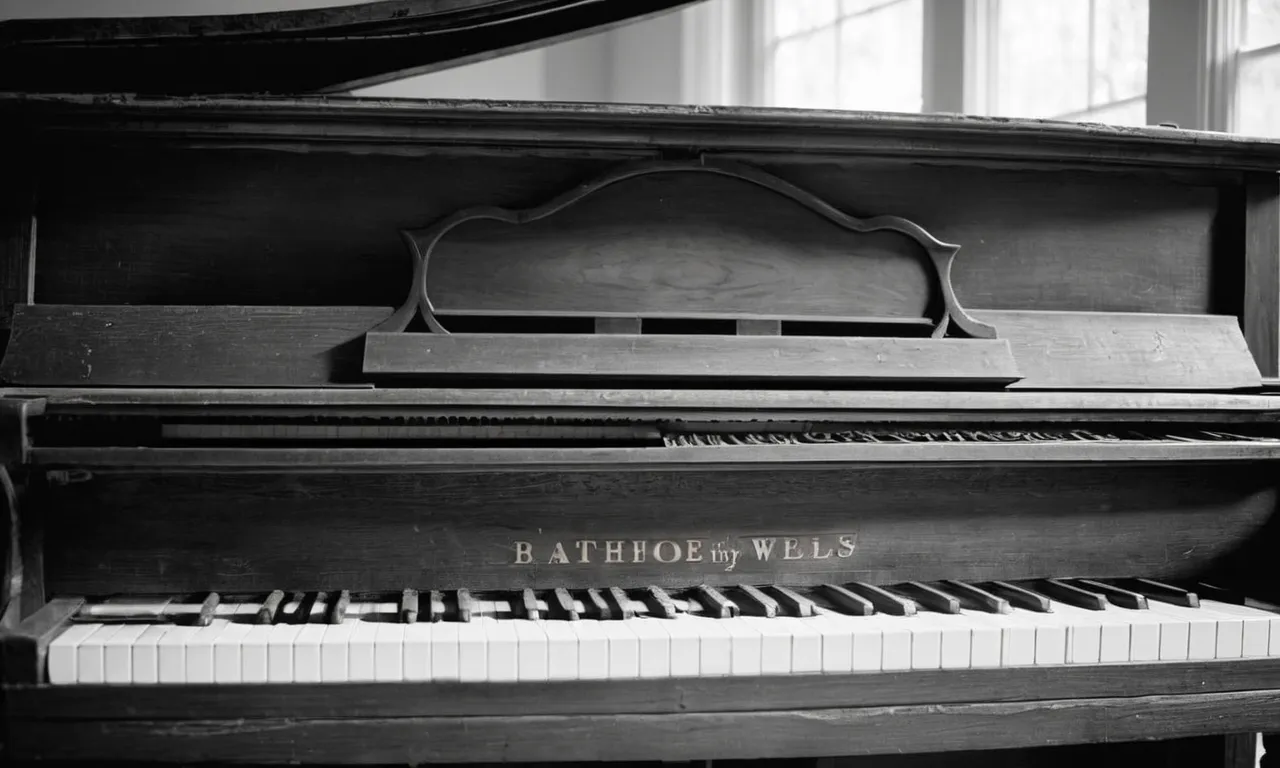 A black and white close-up of a weathered piano, bathed in soft light, capturing the essence of time and soulful melodies that Kitty Wells once played.