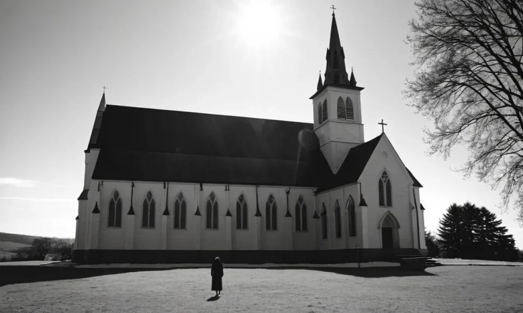 A captivating black and white photograph of a lone figure standing outside a church, bathed in sunlight, symbolizing the idea that true liberation begins once one steps away from religious confines.