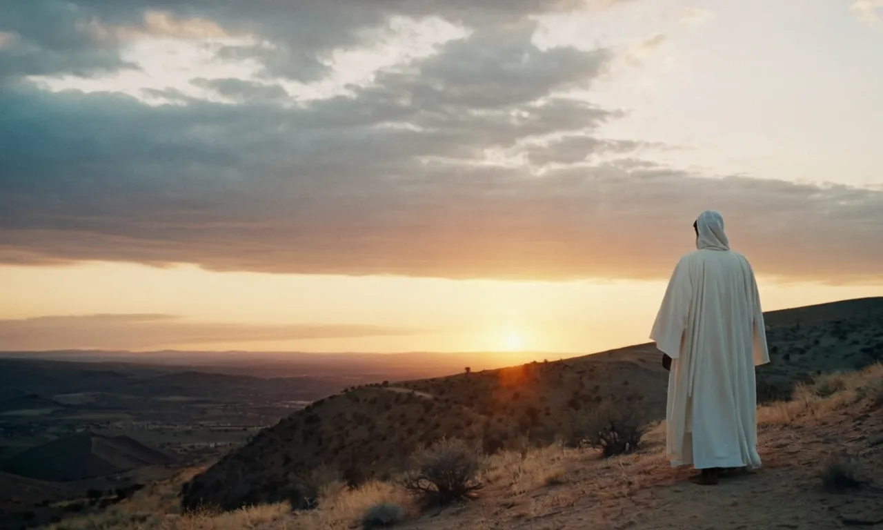 A radiant sunset illuminates a desolate landscape, as a figure in white robes stands atop a hill, gazing towards the horizon, symbolizing the anticipation of Jesus' arrival for those seeking him.