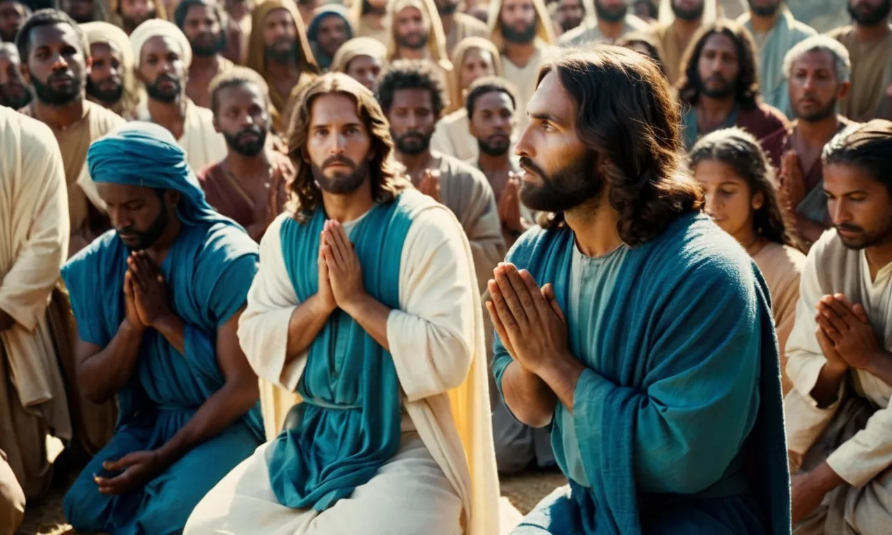 A powerful image captures Jesus, surrounded by a diverse crowd, as he kneels in prayer. His serene face and outstretched arms demonstrate the beauty and depth of his teachings on prayer.