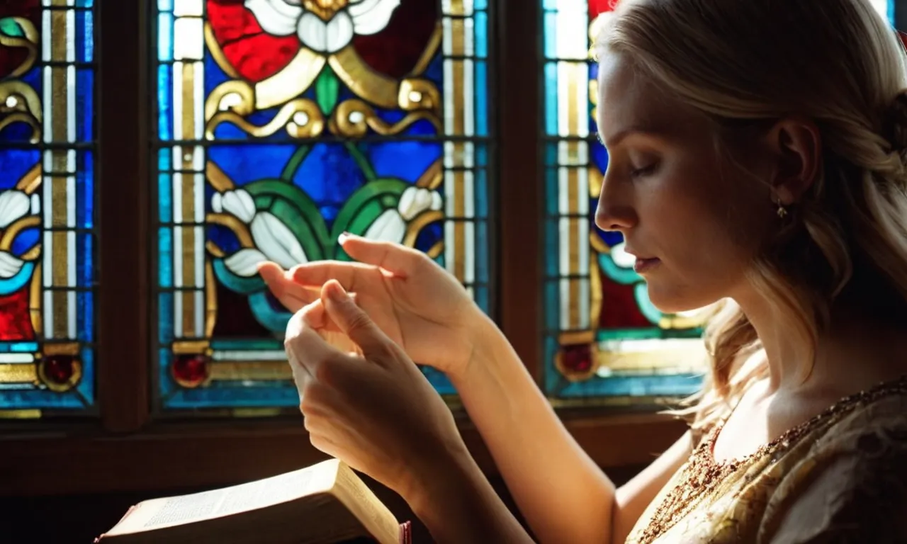 A close-up shot of a serene lady, sunlight filtering through stained glass, as she delicately traces a Bible verse with her fingertips, encapsulating her unwavering faith and strength in every circumstance.
