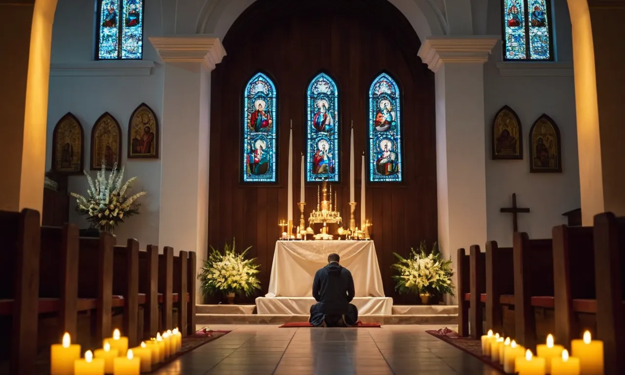A serene image captures a person in deep contemplation, kneeling before an illuminated altar, their hands clasped in prayer, seeking guidance and learning to connect with God.