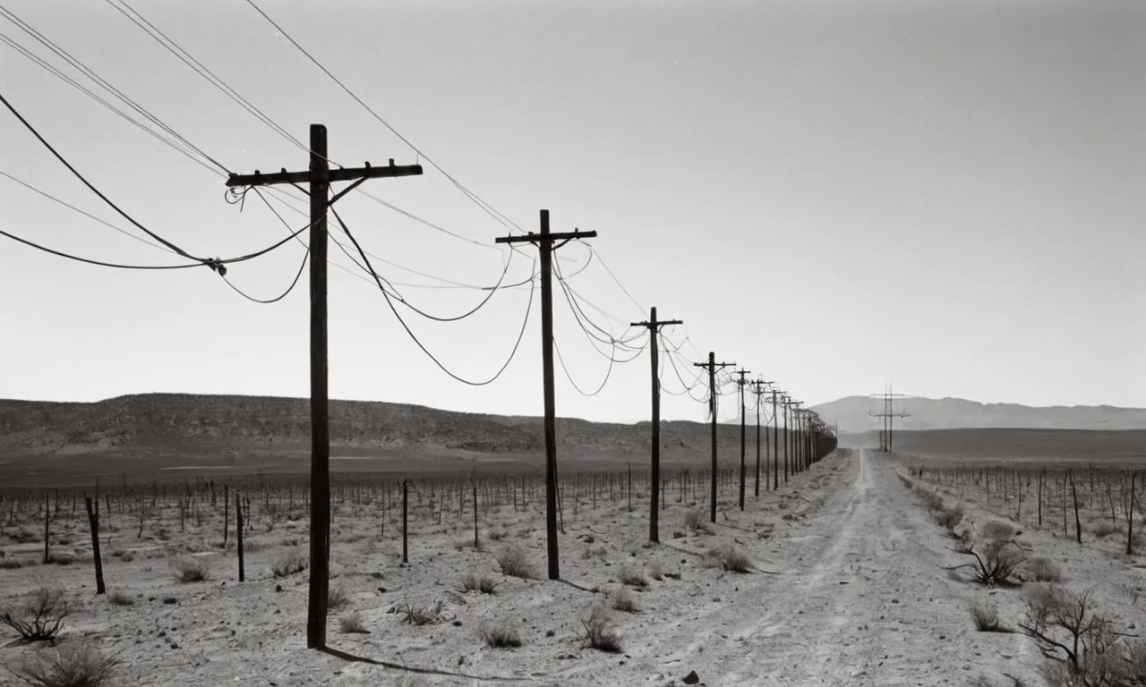 A black and white photo capturing a telegraph wire stretching across a barren landscape, symbolizing the immense power and revolutionary impact of technology and communication, evoking the phrase "what hath God wrought."