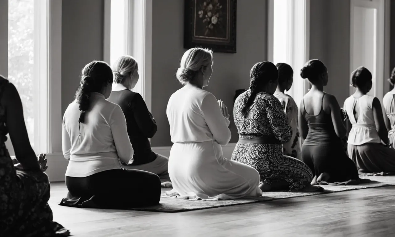 This black and white photo captures a group of devout mothers kneeling in prayer, their faces radiating faith and love, as they seek divine guidance, just as the biblical mothers did.