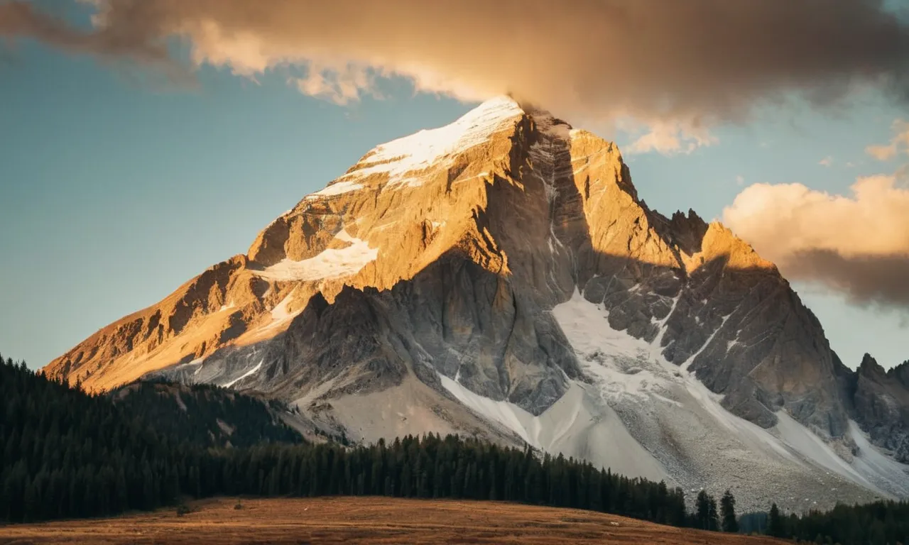 A breathtaking capture of a majestic mountain peak, bathed in golden sunlight, evoking a sense of tranquility and spirituality, reminiscent of the place where Jesus once knelt down to pray.