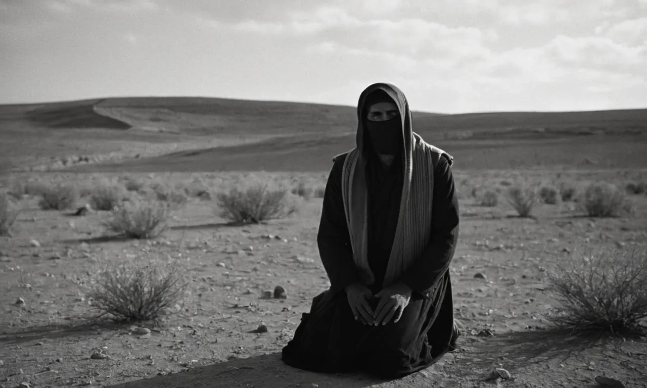 A haunting black and white image captures a distressed figure kneeling in a desolate landscape, their tear-streaked face turned towards the sky, uttering the words "Eli, Eli, lama sabachthani?" in Hebrew.