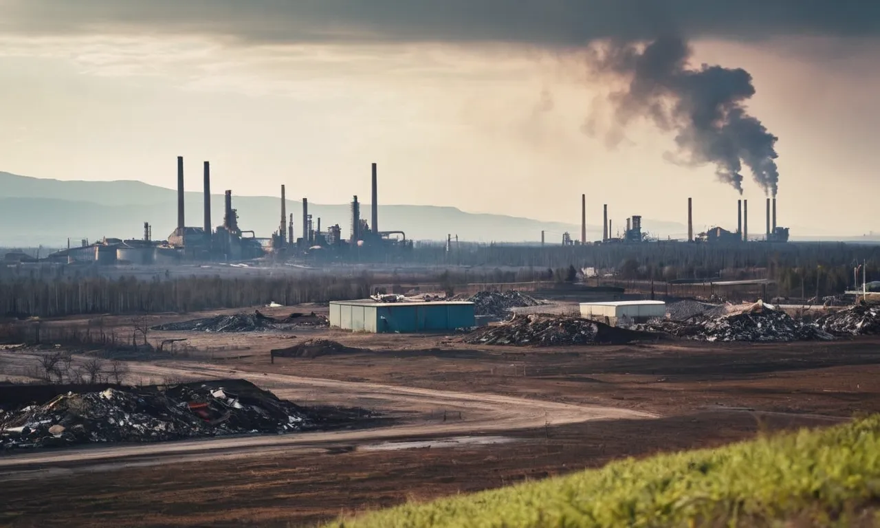 The photo depicts a desolate landscape filled with pollution, deforestation, and industrial waste, highlighting the devastating impact of human activities on the environment.