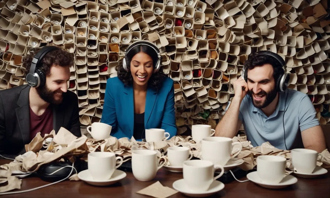 A candid shot capturing the podcast hosts' animated expressions, surrounded by a chaotic array of overturned coffee cups, crumpled papers, and tangled headphones, perfectly depicting the "Oh God, what now?" moments.