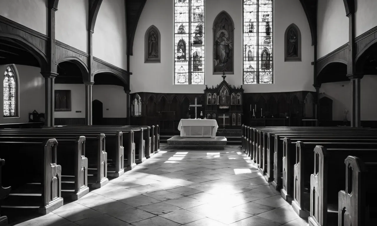 A powerful black and white image captures a man kneeling in a deserted church, his arms raised in anguish, as the sunlight streams through stained glass, representing the eternal sacrifice of Jesus Christ.