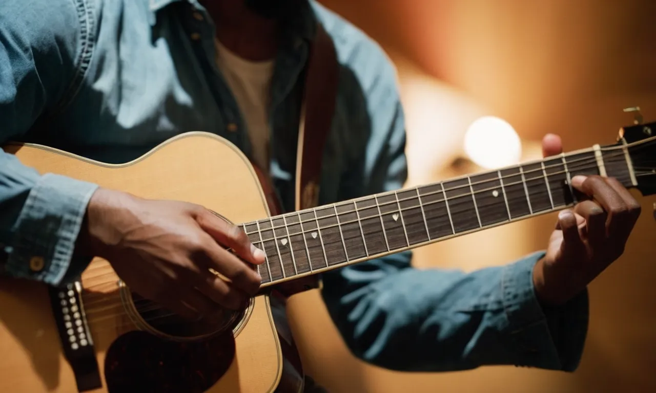 A captivating photo of a musician's hands gently strumming the chords of a guitar, radiating a serene atmosphere that reflects the depth of love for Jesus.