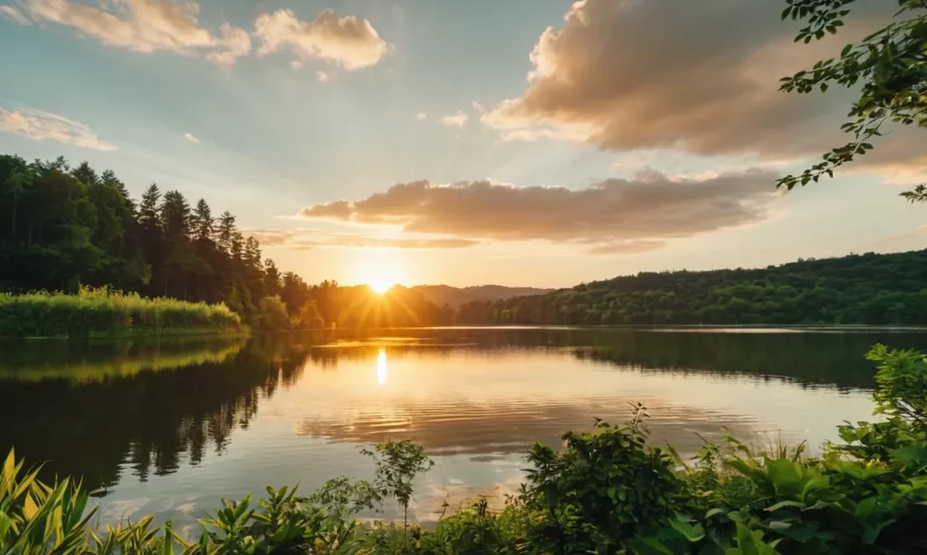 A serene photograph captures the golden sunset casting its warm glow over a tranquil lake, surrounded by lush greenery, carrying a sense of divine peace that transcends all comprehension.