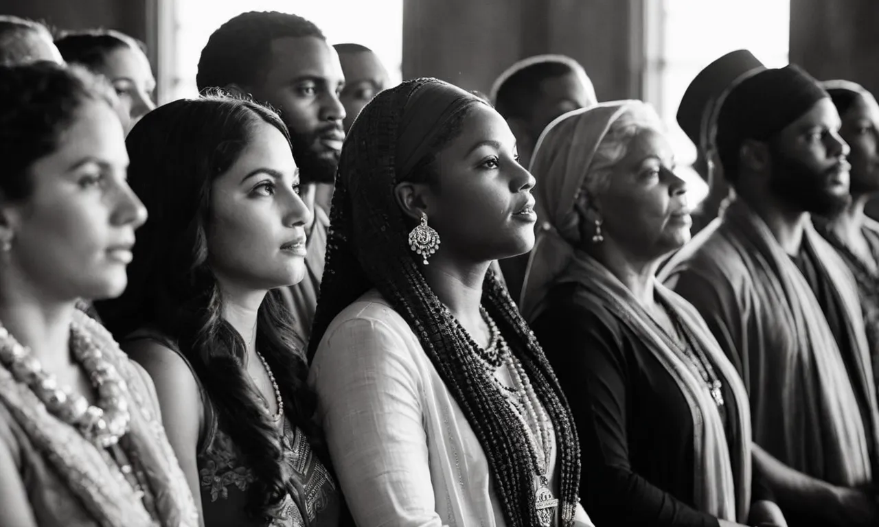 A captivating black and white image showcases a diverse group of individuals, their faces radiant with faith, united in prayer and worship, reflecting the unwavering trust in God portrayed throughout the Bible.