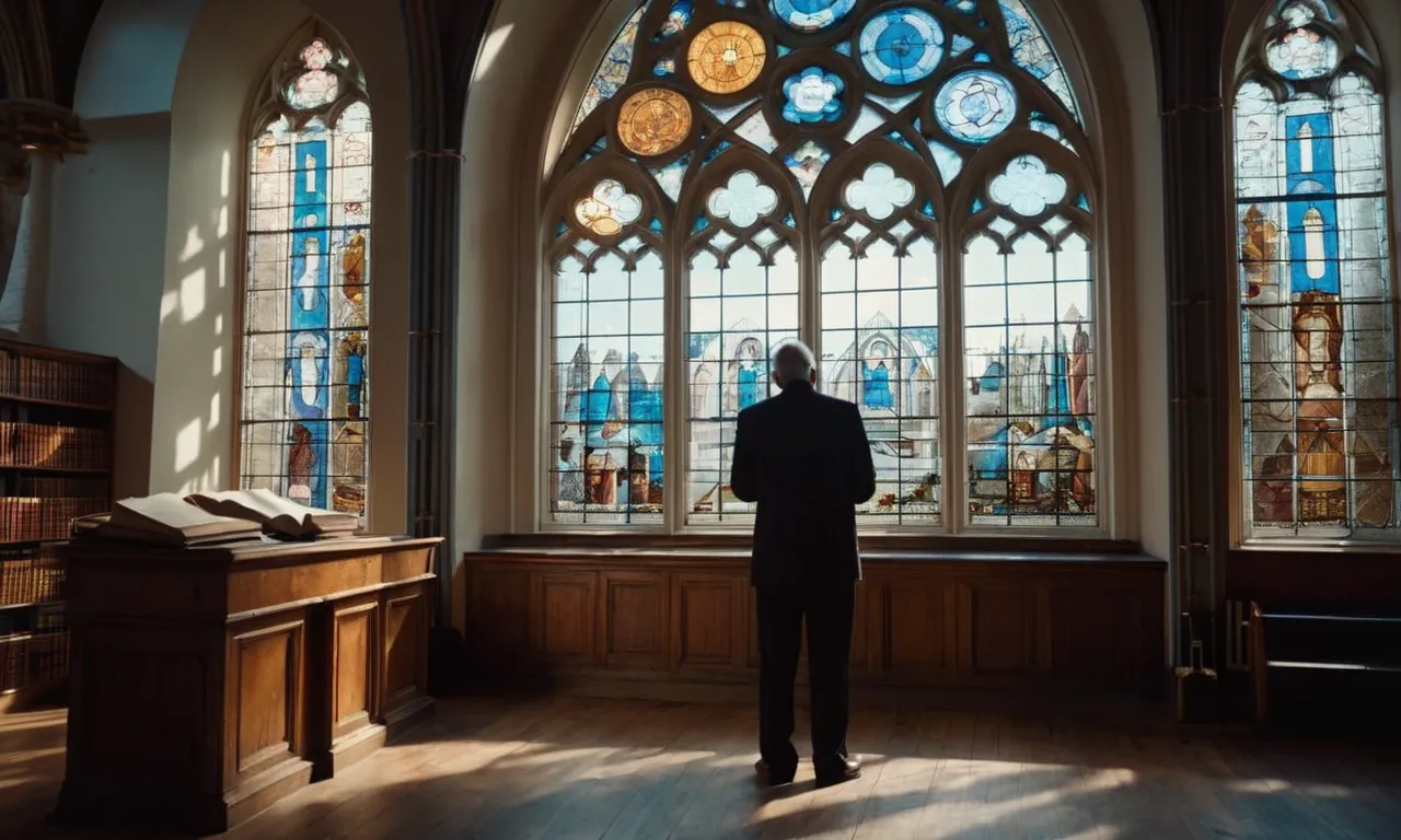 A photo capturing a physicist engrossed in scientific research, surrounded by equations and a book on cosmology, while a faint silhouette of a church window symbolizes their belief in God.