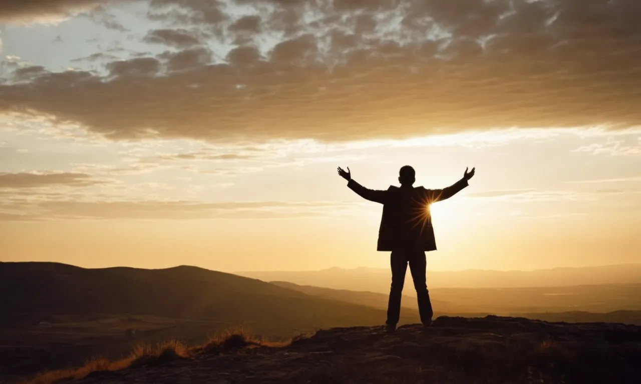 A golden sunset illuminates a solitary figure with arms raised in gratitude, silhouette against a majestic landscape, capturing the essence of "Praise God for who He is."