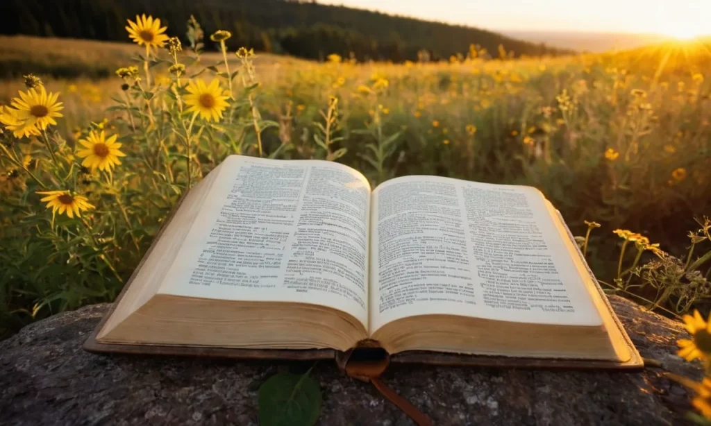 A golden sunset casts a warm glow on a Bible, opened to a passage about God's mighty deeds, surrounded by delicate wildflowers, reminding us to remember His faithful works.