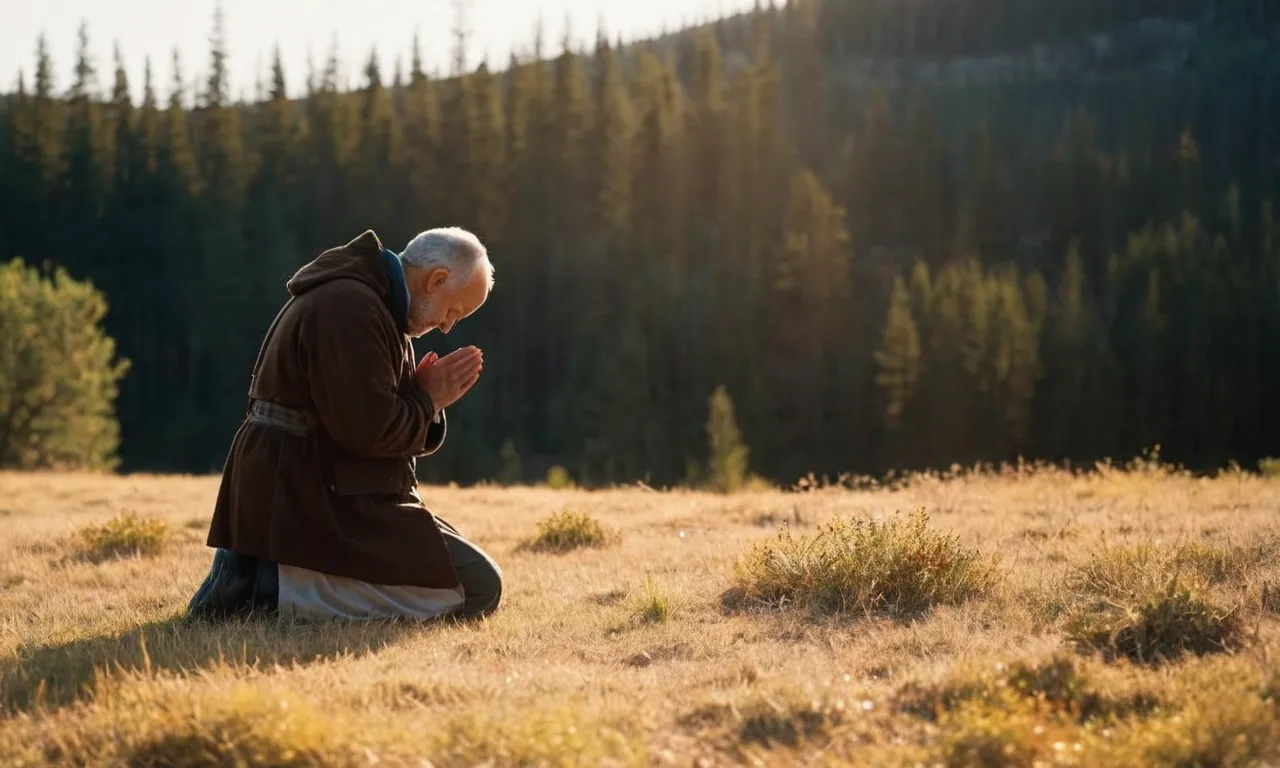 A photo capturing a solitary figure kneeling in prayer, bathed in warm sunlight, symbolizing unwavering faith and trust in God amidst challenging circumstances.