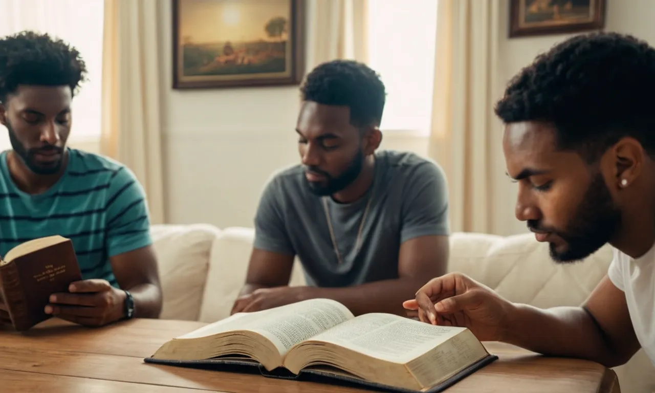 A photo of a person reading the Bible while surrounded by a diverse group of friends, showcasing the verse's message of the importance of surrounding oneself with positive influences.