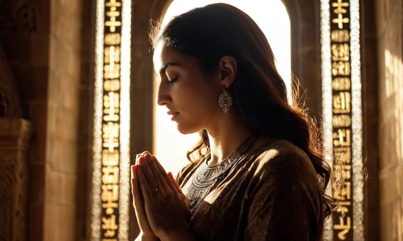 A captivating photograph captures a woman in prayer, her eyes closed and hands folded, while rays of sunlight illuminate the Hebrew inscription "The God Who Sees Me" behind her.