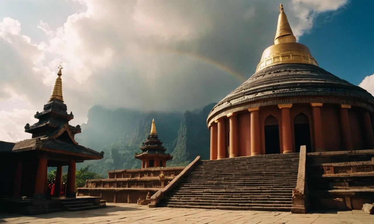 A divine ray of light pierces through the clouds, illuminating an ancient temple where a wise holy figure stands, surrounded by worshippers, delivering profound words of wisdom.