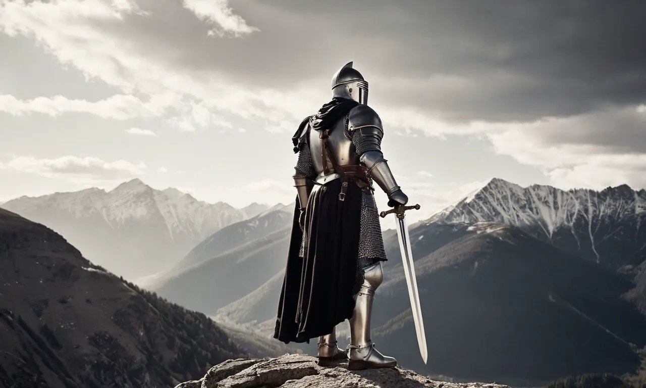 A majestic black and white photograph capturing a stoic knight, adorned in gleaming armor, standing atop a mountaintop, holding a glowing sword, as a divine beam of light engulfs him.