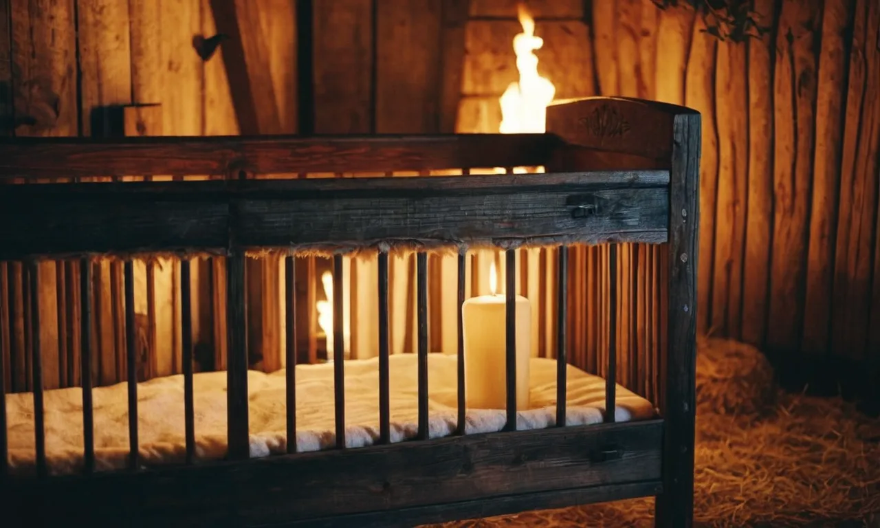 A humble wooden crib, bathed in soft candlelight, rests in the rustic stable of Bethlehem. The air is filled with a sense of reverence, echoing the birthplace of Jesus Christ.
