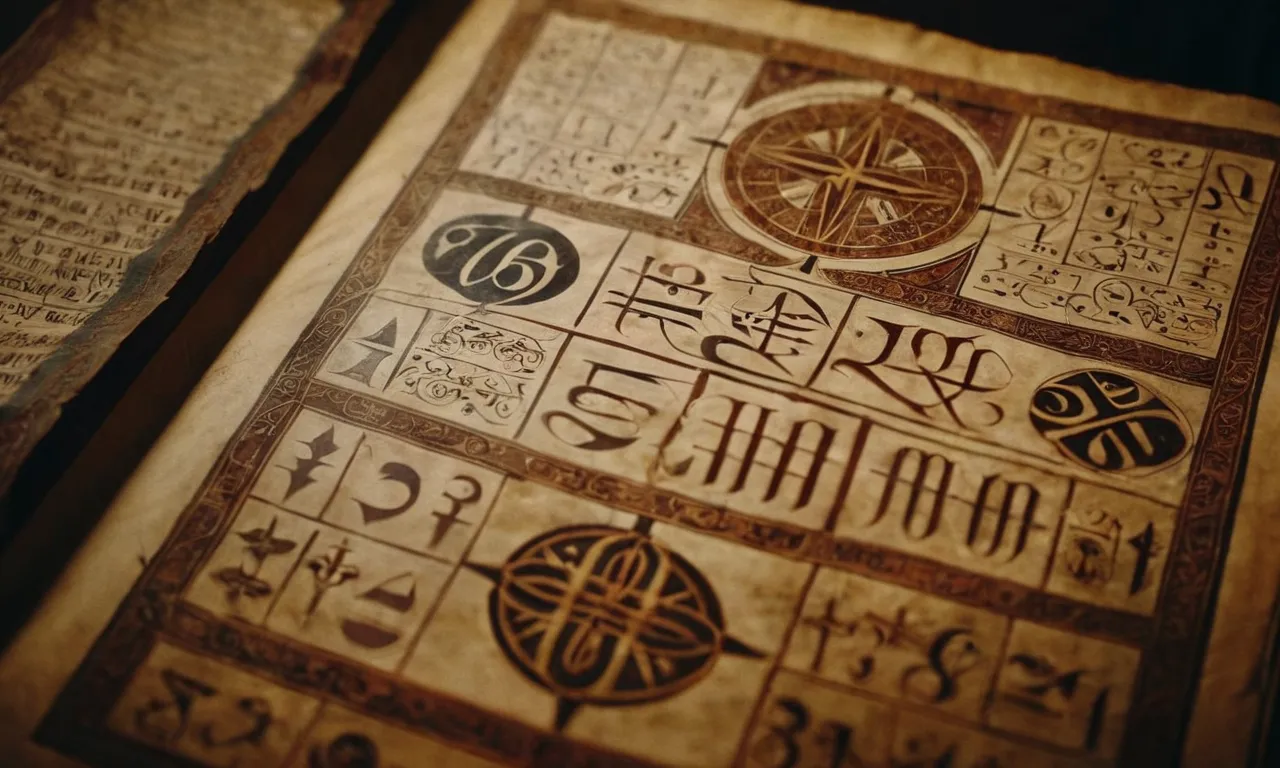 A close-up shot of an ancient manuscript depicting Jesus, surrounded by enigmatic symbols and numbers, inviting speculation about his enneagram type.