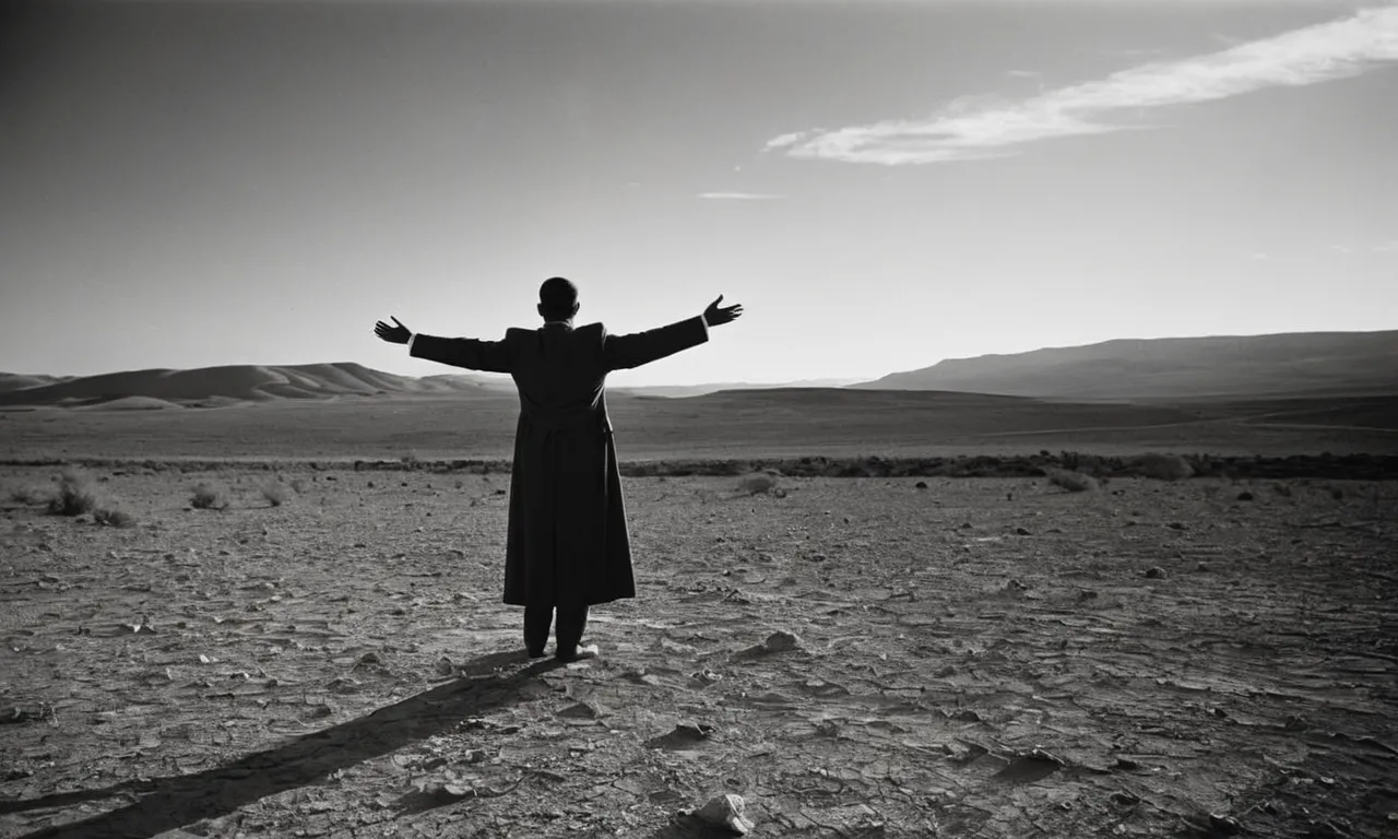 A black and white image captures a solitary figure, kneeling in a desolate landscape, their outstretched arms reaching towards the heavens, symbolizing the struggle and connection between humanity and divinity.