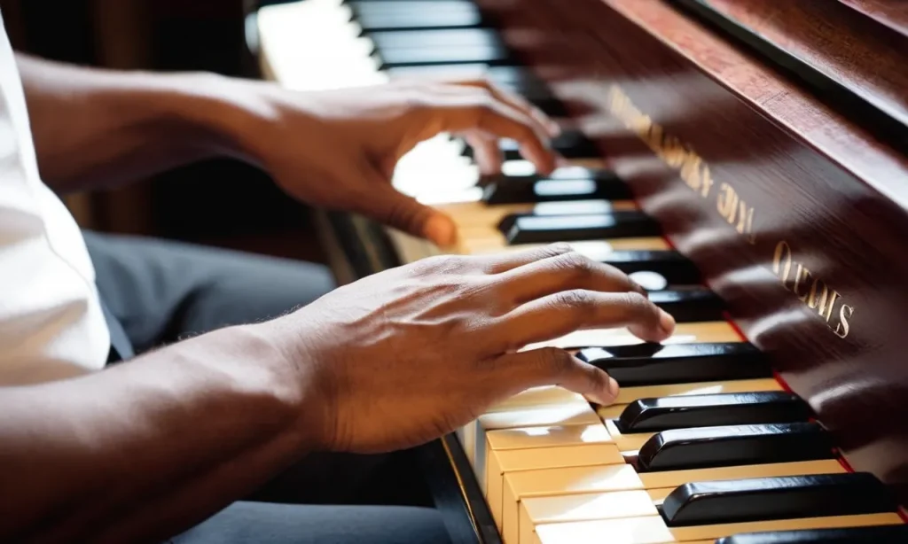 A close-up photo of a pianist's hands gently playing the chords to "What a Friend We Have in Jesus," capturing the peaceful and comforting atmosphere of worship.
