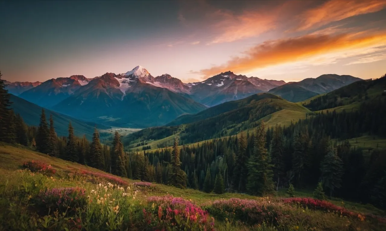 A photo of a majestic sunset over a mountain range, capturing the awe-inspiring beauty of nature, perfectly encapsulating the powerful and mighty presence of God.