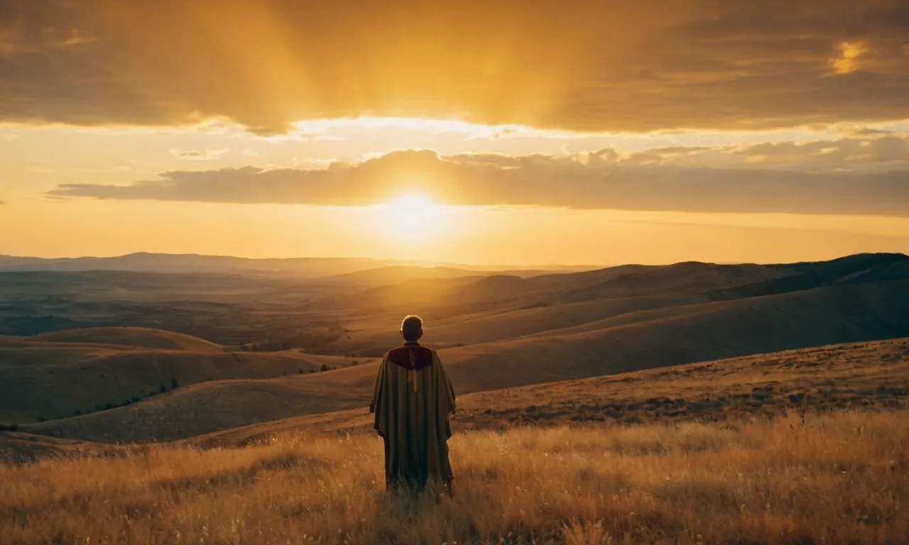 A breathtaking photo capturing a golden sunset over a vast landscape, with a lone figure standing in awe, perfectly illustrating the power and majesty of the scripture "What a mighty God we serve."