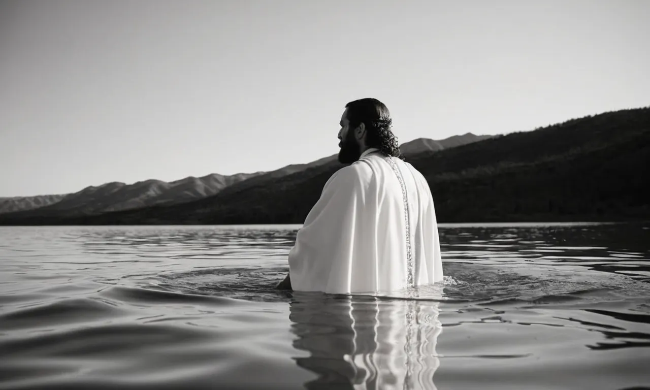 A captivating black and white image of serene waters, capturing the essence of a biblical baptism, leaving viewers to ponder the age at which Jesus was baptized.