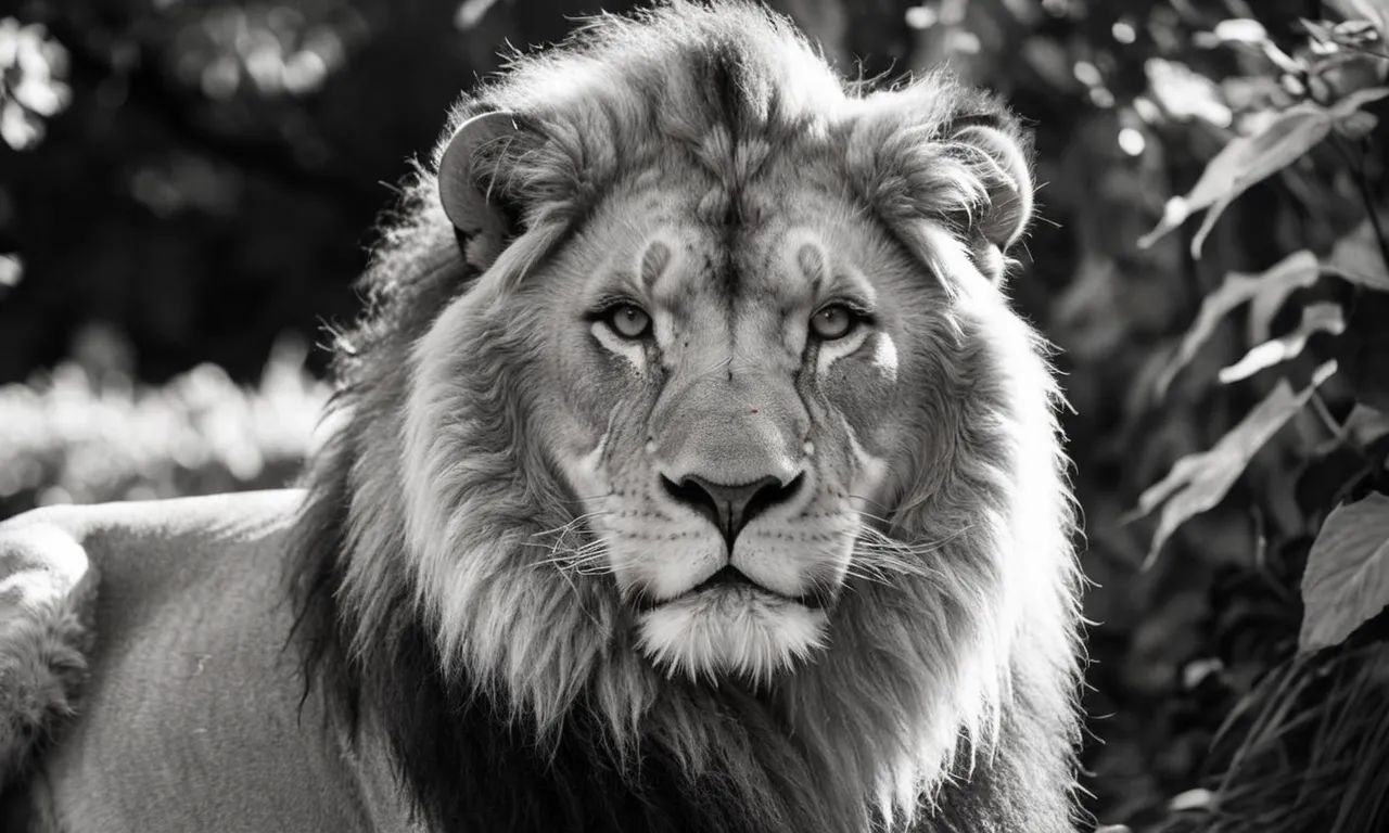 A black and white image captures a majestic lion's mane draped over Adam's bare shoulders, symbolizing God's divine provision and protection in the Garden of Eden.