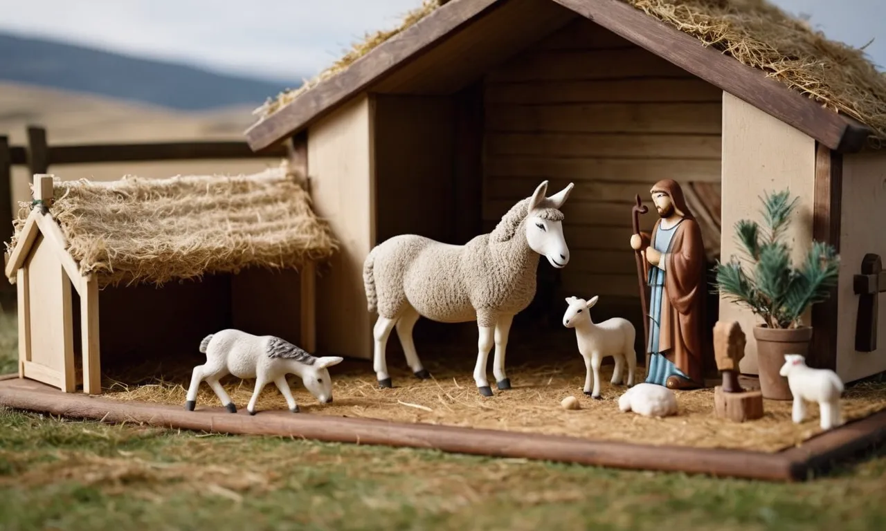 A photo capturing a serene nativity scene, with a humble stable as the backdrop, showcasing gentle sheep, a curious donkey, and a watchful owl perched on a nearby branch.