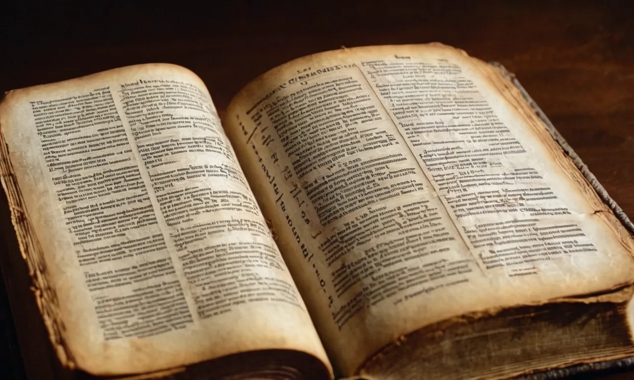 A close-up shot of a worn and weathered Bible, with highlighted pages displaying the Ten Commandments, capturing the essence of religious teachings and moral guidance.