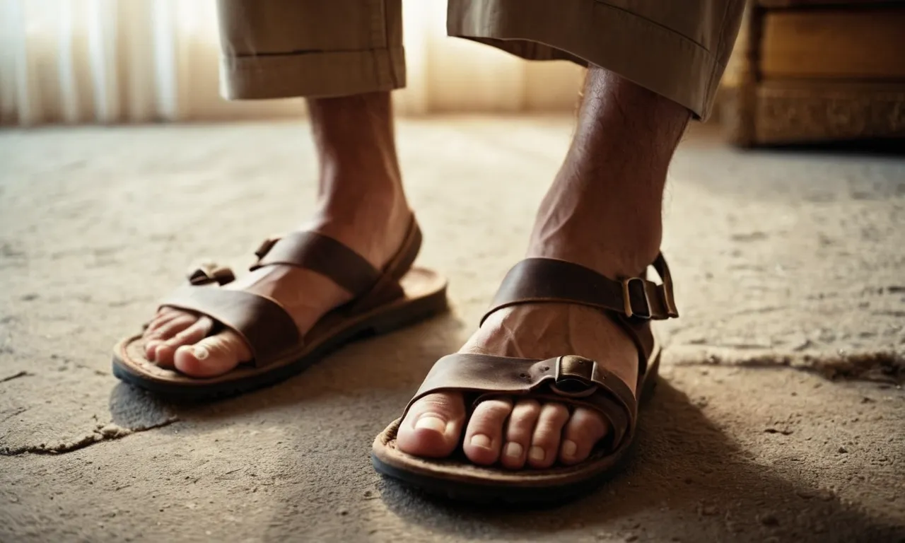 A close-up photograph capturing the worn, dusty feet of a person wearing simple leather sandals, reminiscent of the humble footwear commonly associated with Jesus.