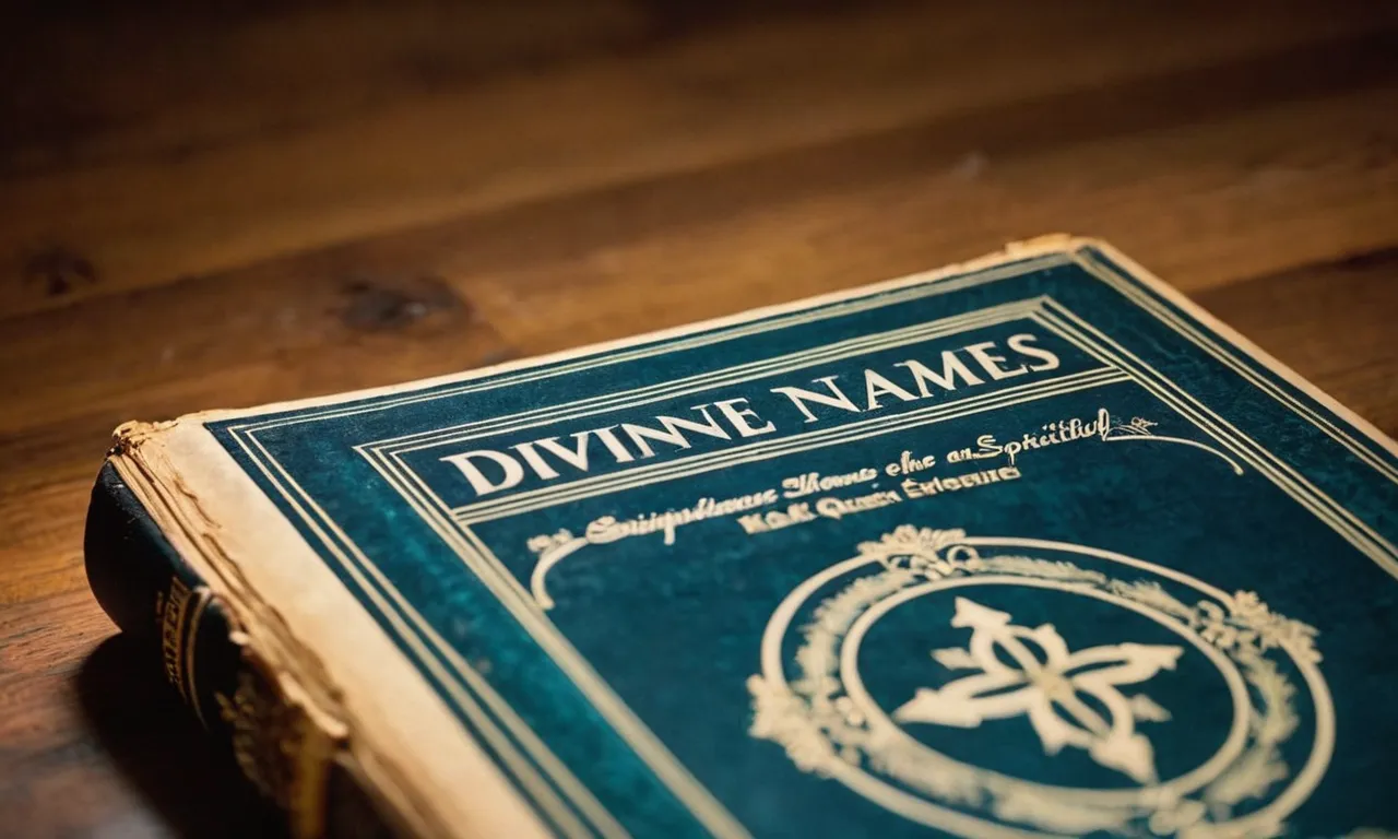 A close-up shot of an old book cover, titled "The Divine Names", with rays of light illuminating the words, representing the profound exploration of spirituality and the quest for knowledge.