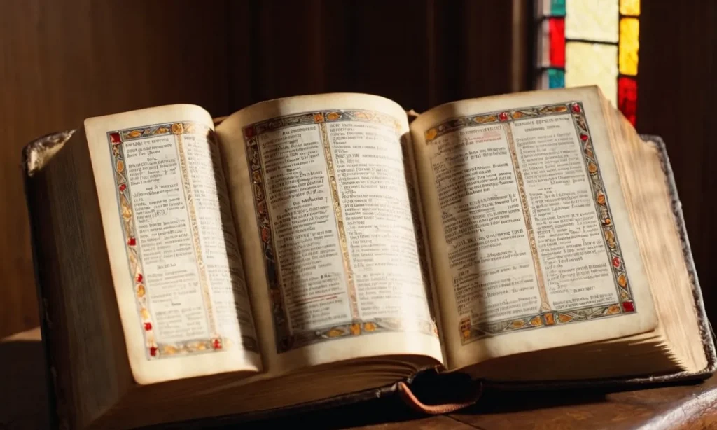 A close-up shot of a weathered, leather-bound Bible open to the page listing the 100 names of Jesus, bathed in warm, golden sunlight streaming through a nearby stained glass window.