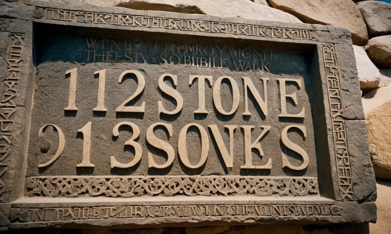 A close-up photo capturing a weathered, ancient-looking stone tablet engraved with the words "The 12 Stones" in bold letters, evoking curiosity about their significance in the Bible.