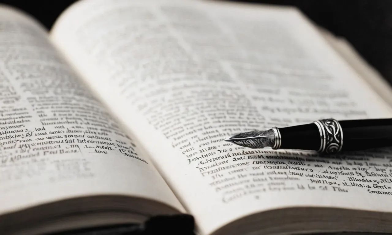 A captivating black and white close-up photograph of an antique quill pen delicately resting on open pages of the 14 books authored by Apostle Paul, evoking a sense of biblical wis