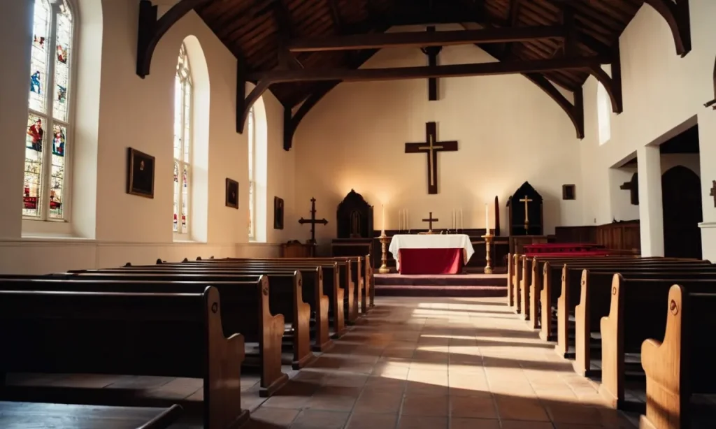 A photo capturing a serene church interior, adorned with a simple wooden cross, illuminating the five fundamental beliefs of Christianity through the play of light and shadow.
