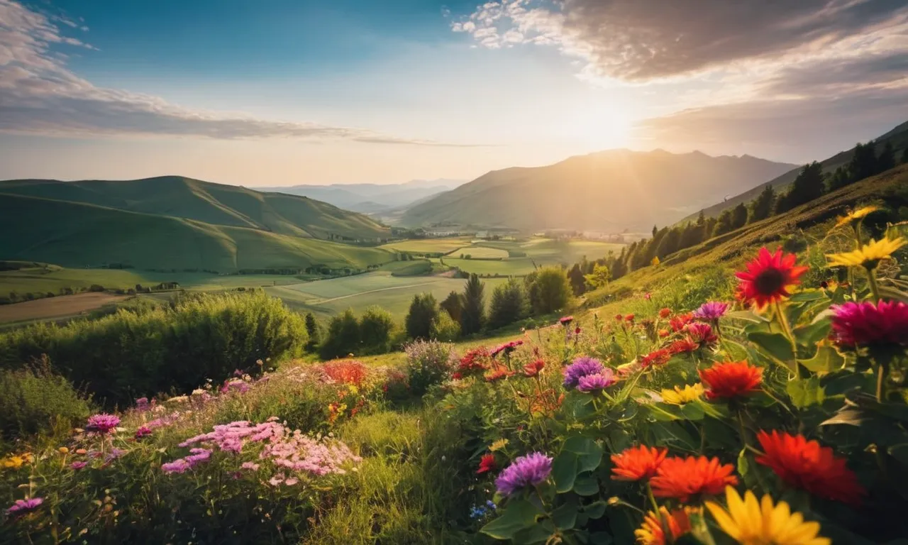 A photo capturing a serene landscape bathed in divine light, with five vibrant flowers blooming amidst the scenery, symbolizing the five gifts bestowed upon us by God.