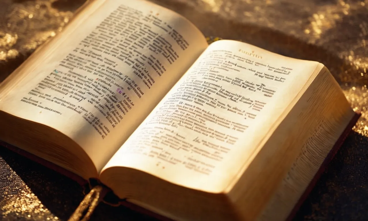 A captivating photograph capturing an open Bible, bathed in soft golden light, revealing five highlighted verses that symbolize the profound truths and teachings found within the sacred text.